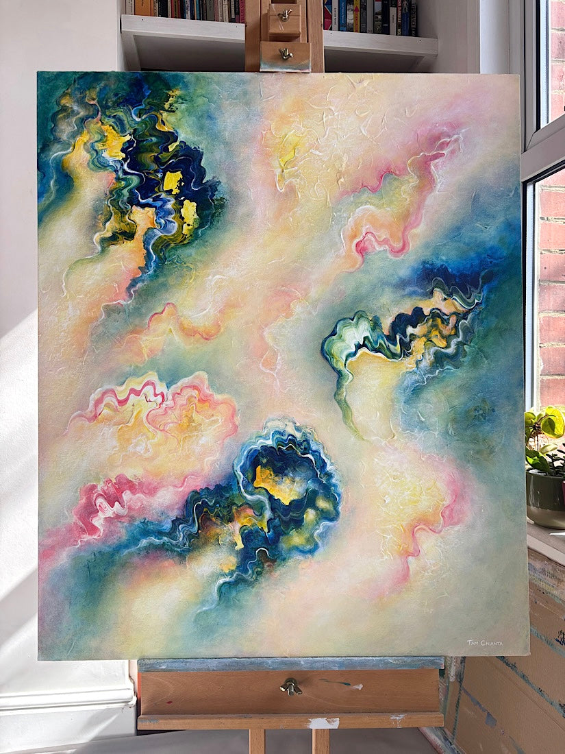 An ethereal flowing abstract painting on canvas