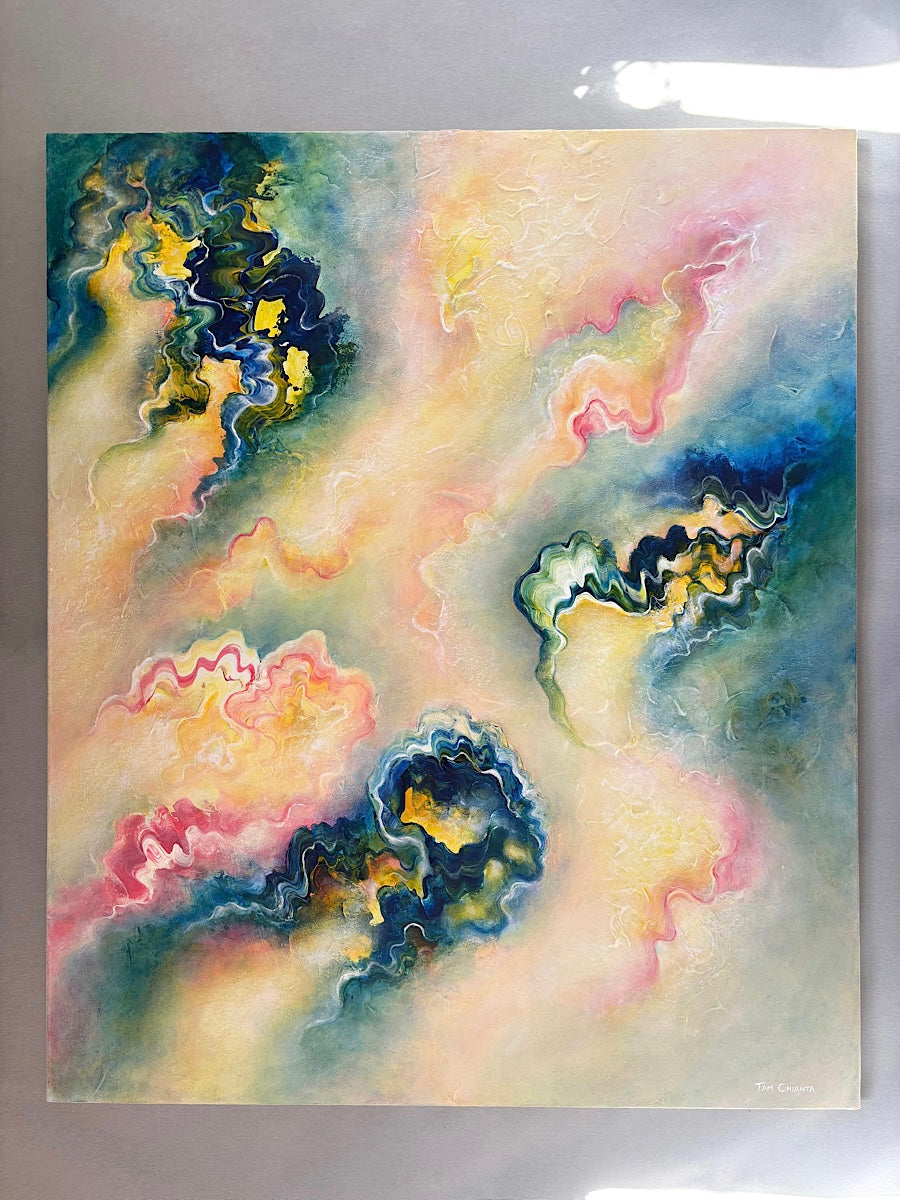 Abstract painting on canvas with flowing ethereal patterns