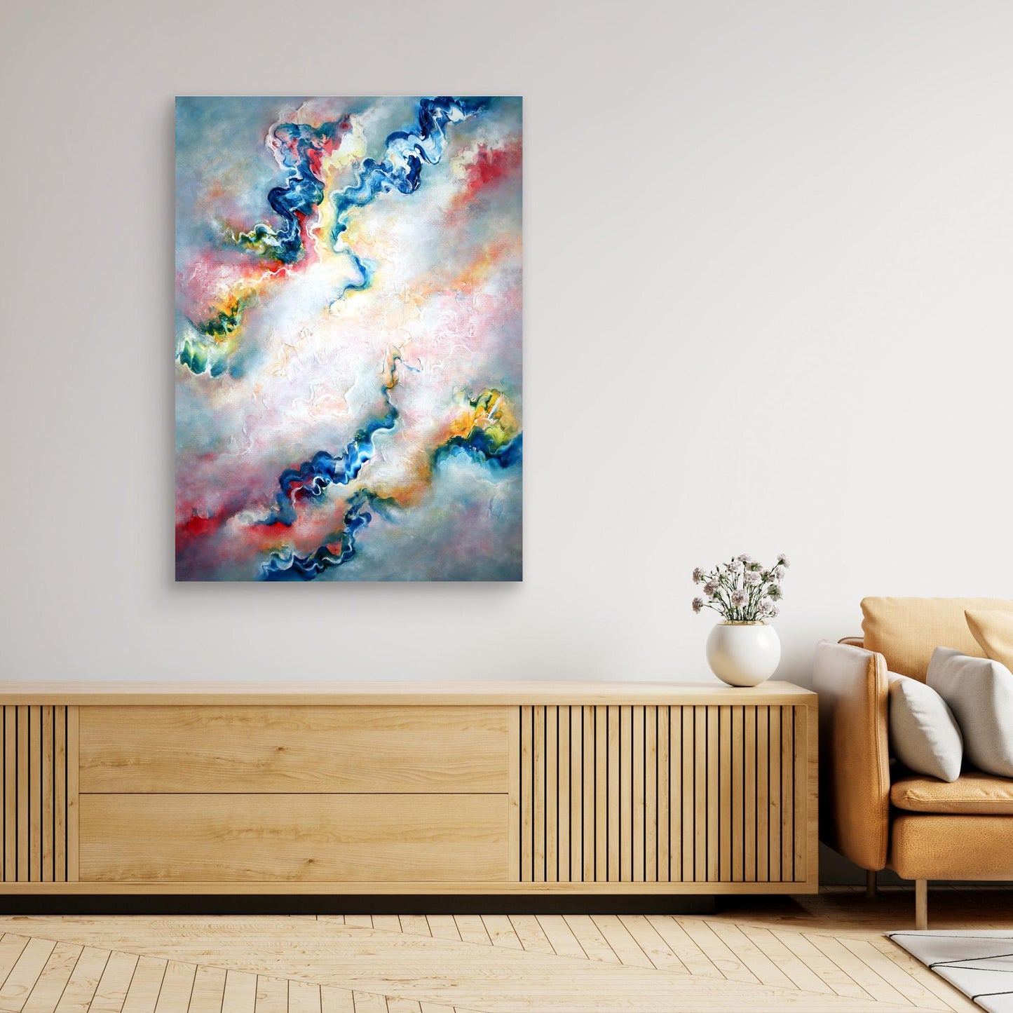 Flowing ethereal grey abstract art canvas print in a modern living room