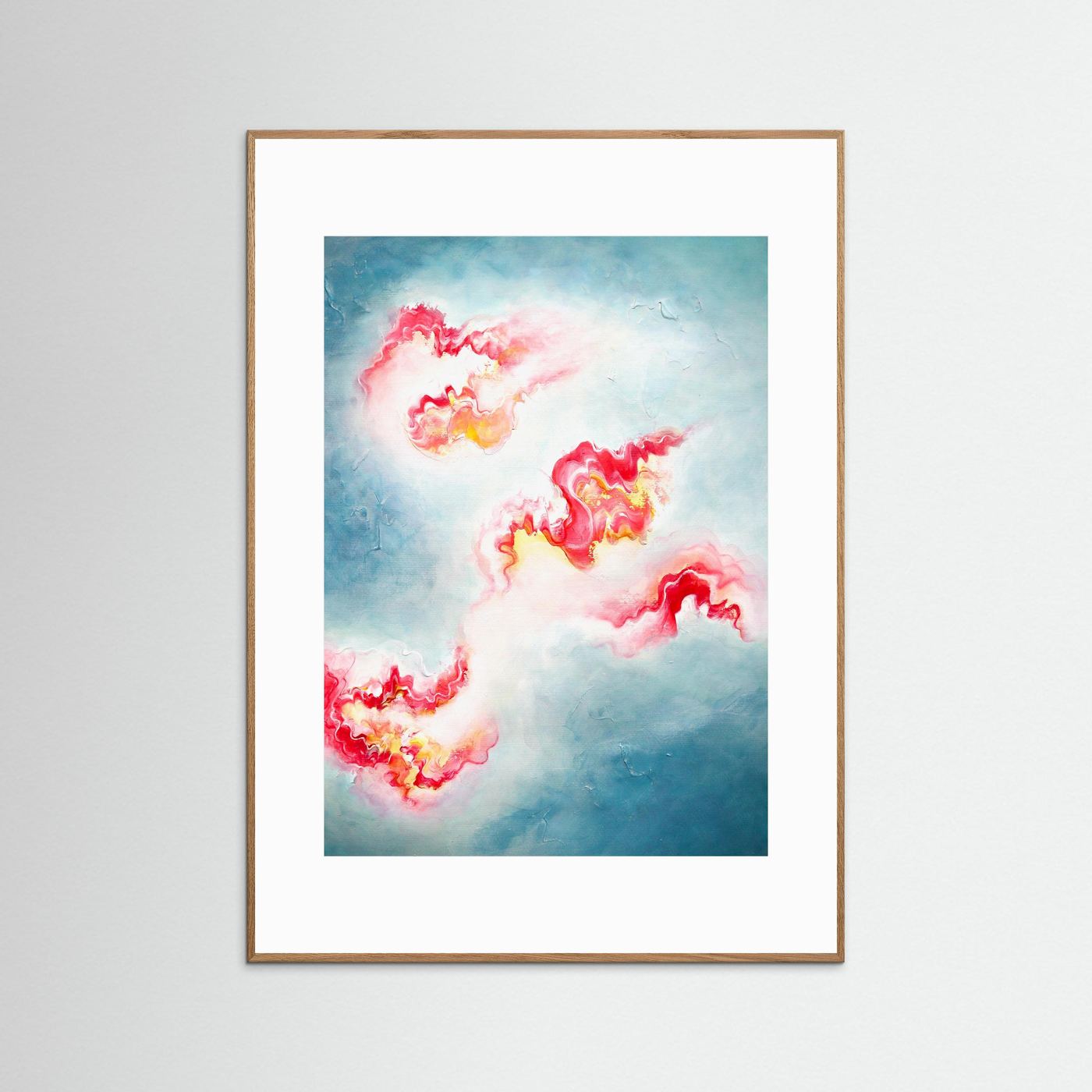 Ethereal abstract art print in oak frame with flowing pink patterns