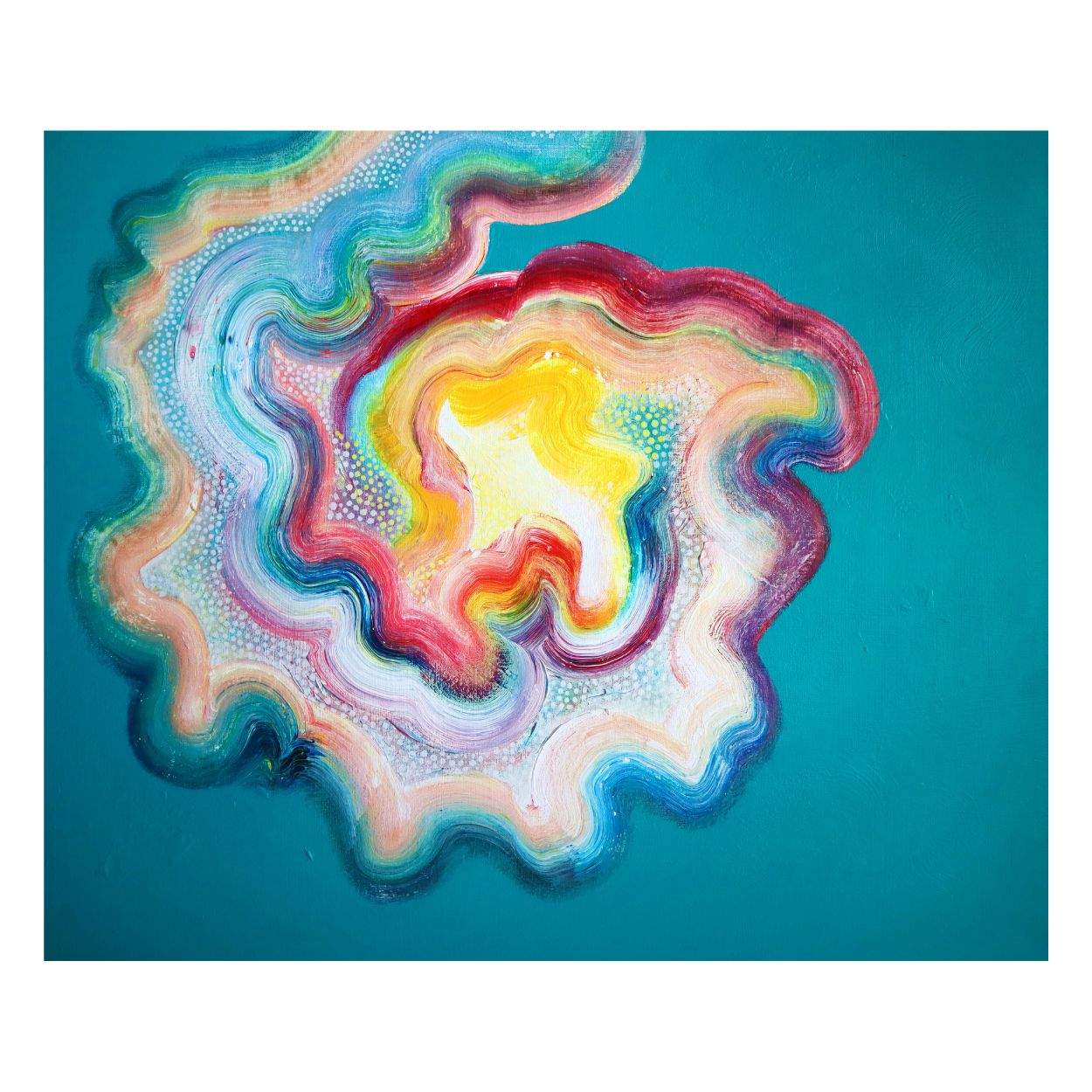 Large vibrant teal painting on canvas