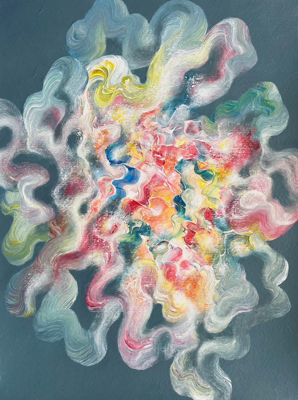 A colourful uplifting painting with a grey background