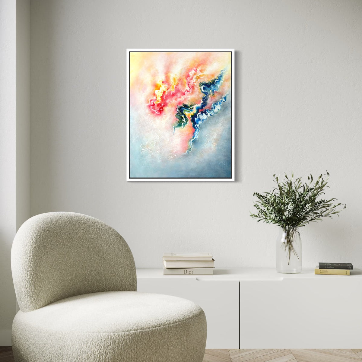 Unique vibrant ethereal abstract wall art in a contemporary living room