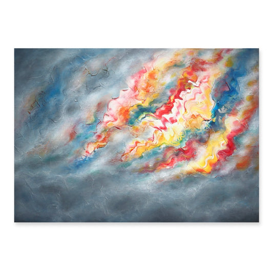 Atmospheric abstract painting reminiscent of ocean and sunset 