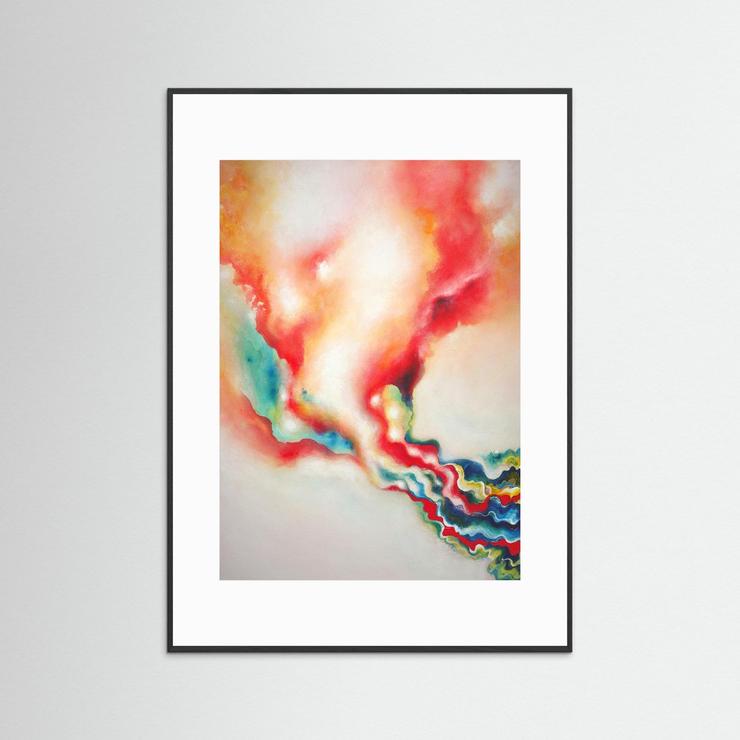 A framed abstract print with a warm orange light 