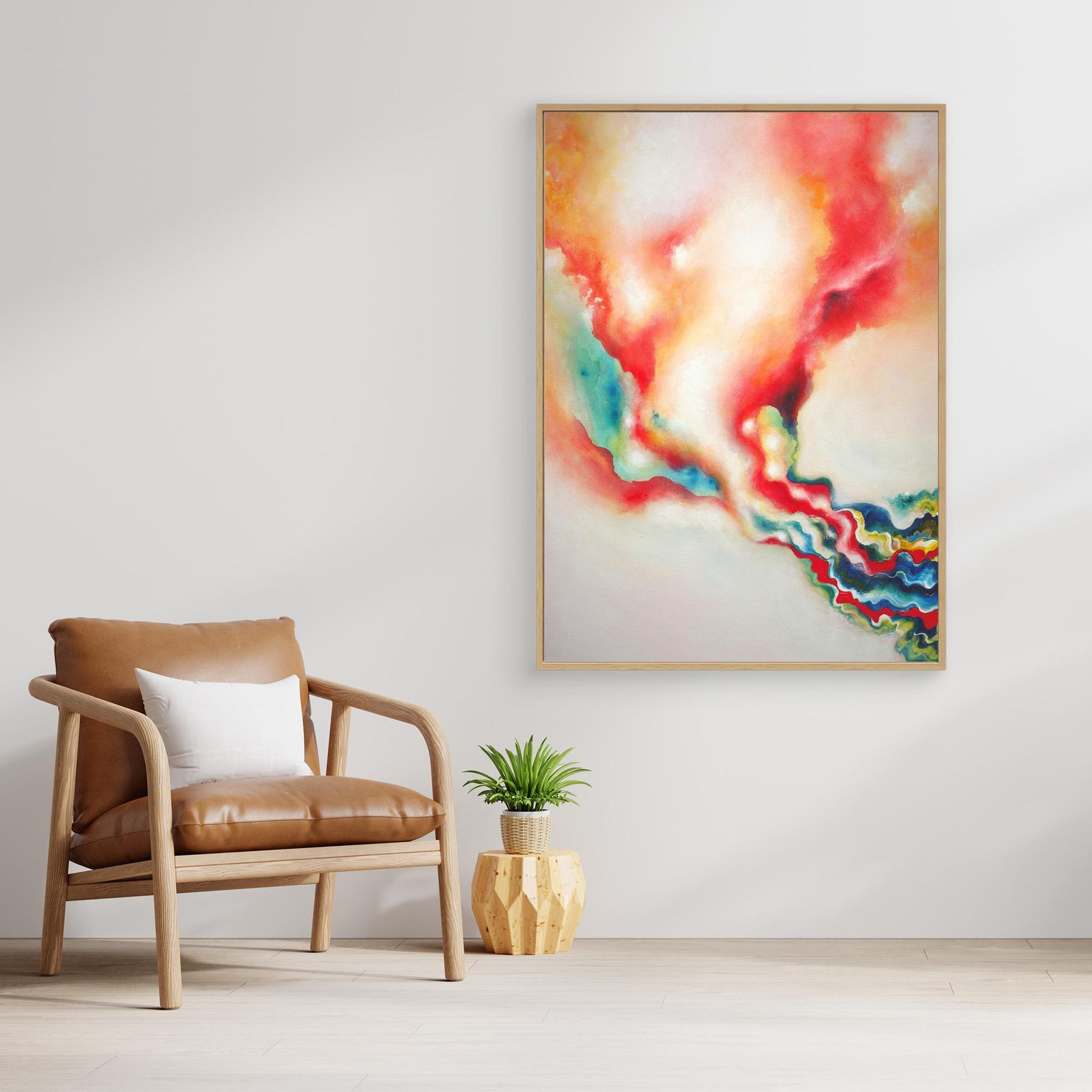 Warm abstract art print on large canvas in modern interior 