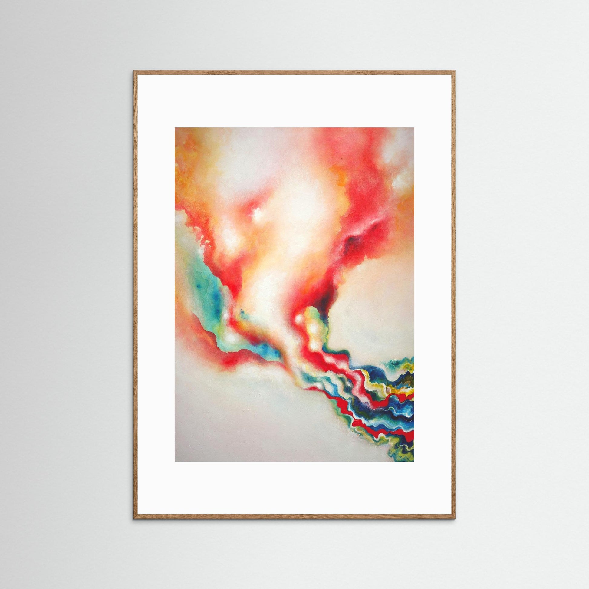 A framed abstract art print with a warm orange light 