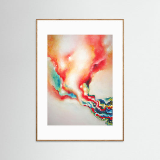 A framed abstract art print with a warm orange light 
