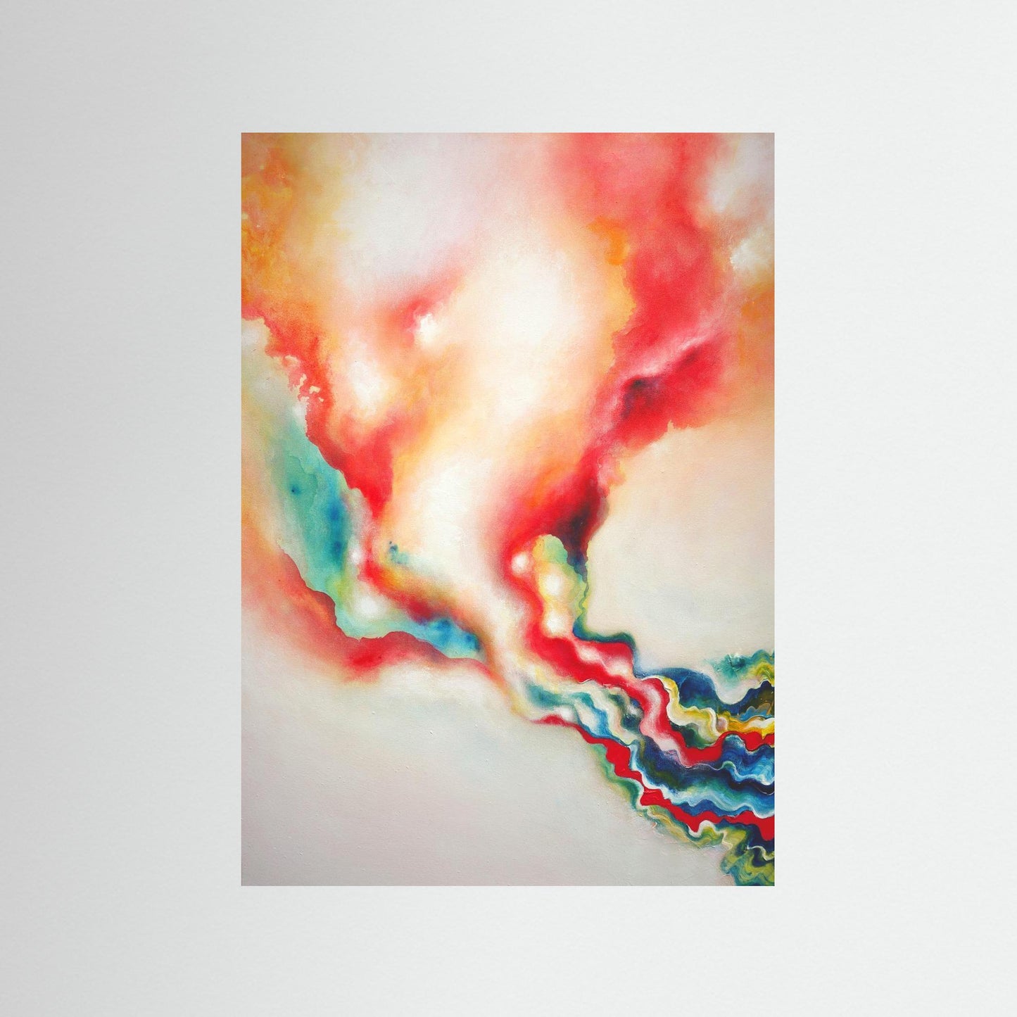 An ethereal abstract art print with flowing patterns and a warm orange light 