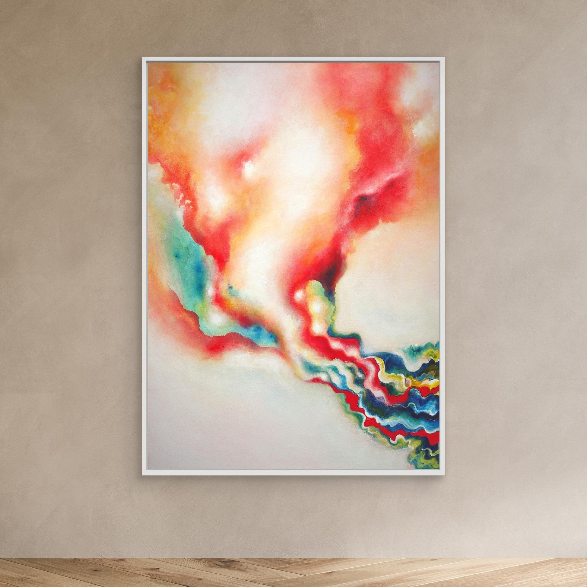 A framed abstract canvas print in warm tones  