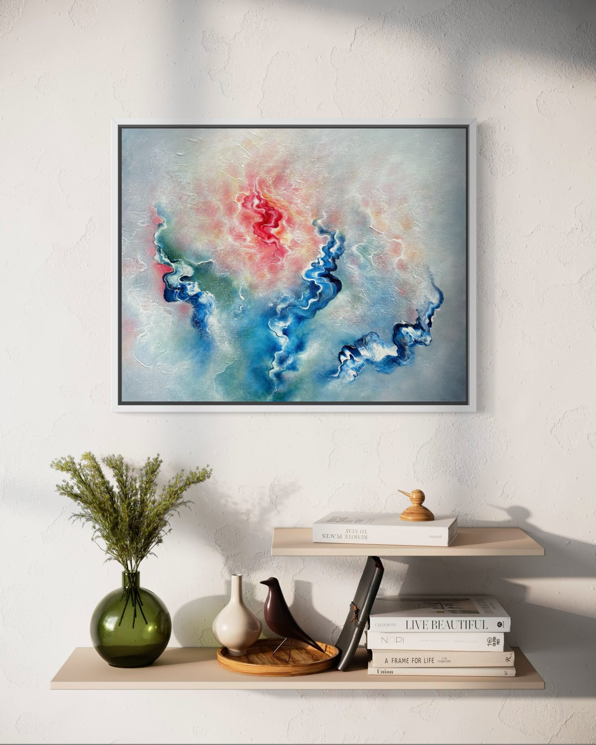 Ethereal grey blue framed abstract painting on canvas 