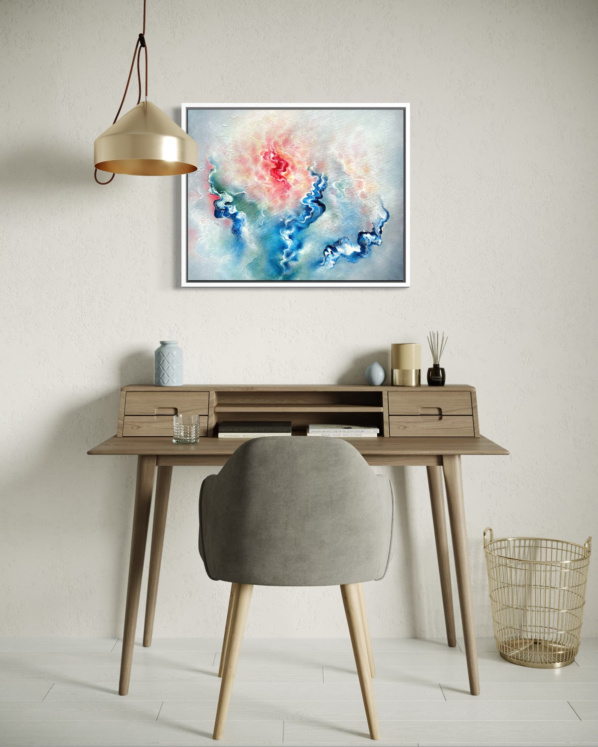 An ethereal blue grey abstract painting on canvas in a home office 