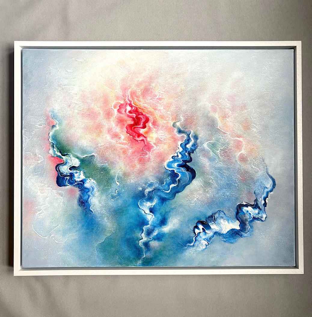 Grey blue ethereal abstract painting on canvas in a white float frame 