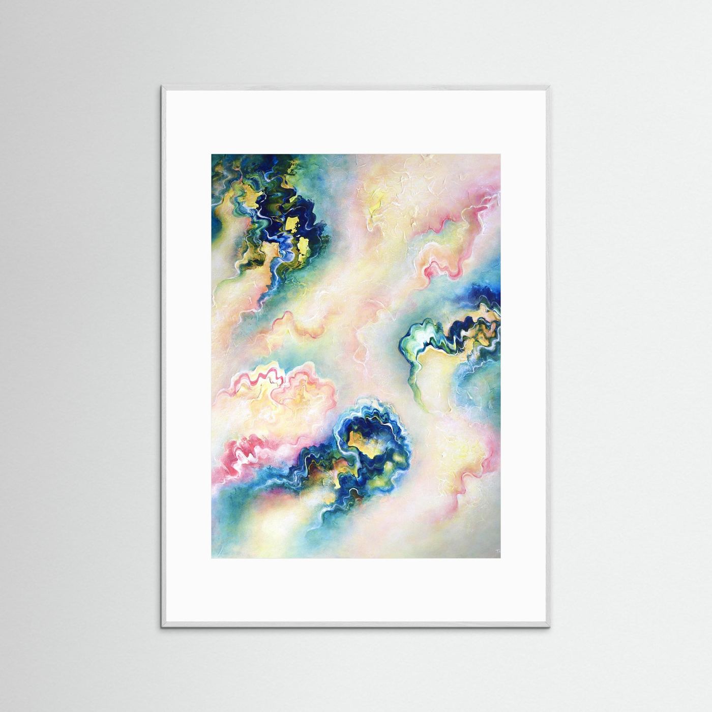 Ethereal flowing warm abstract art in a white frame 