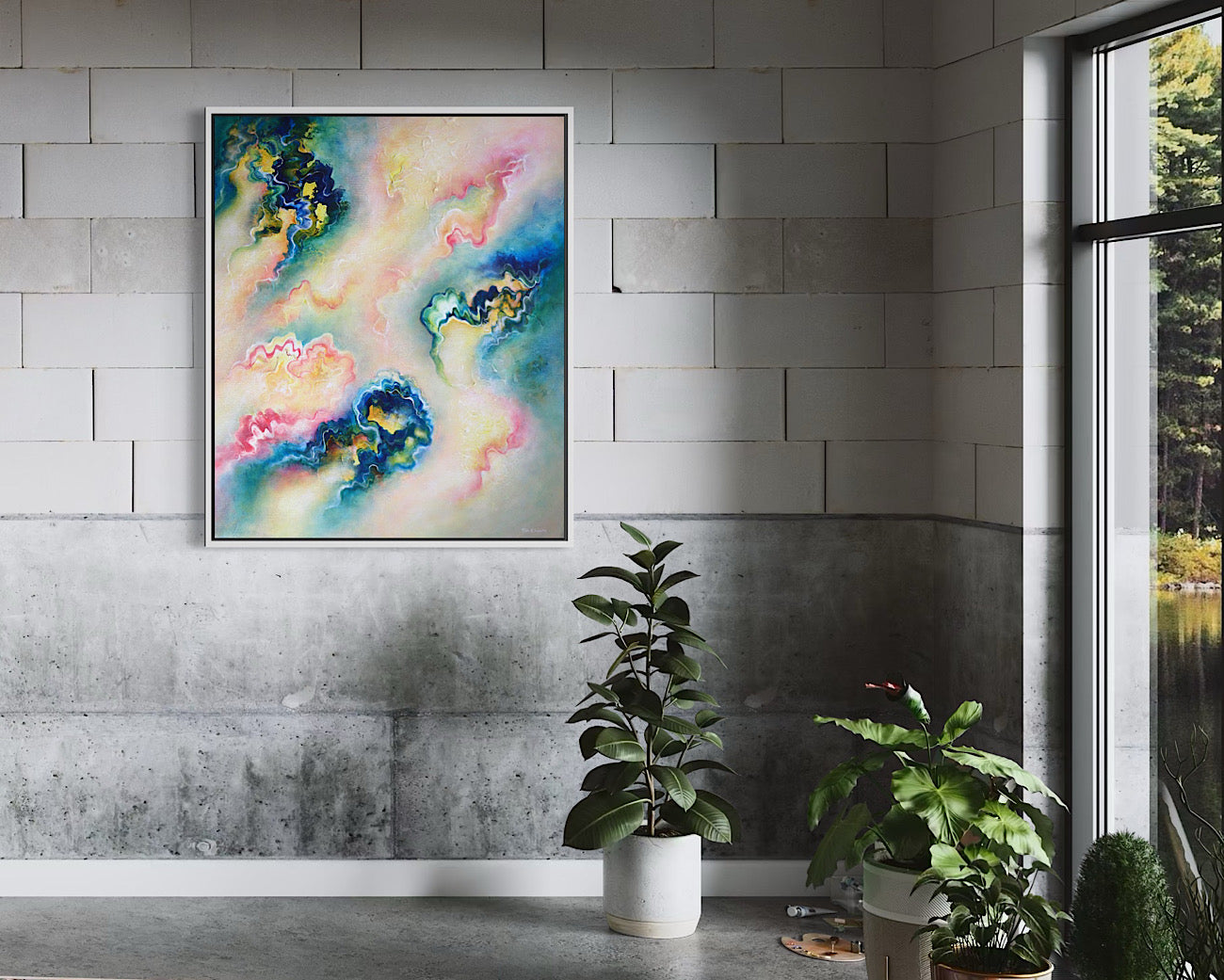 A colourful abstract painting with warm flowing patterns 