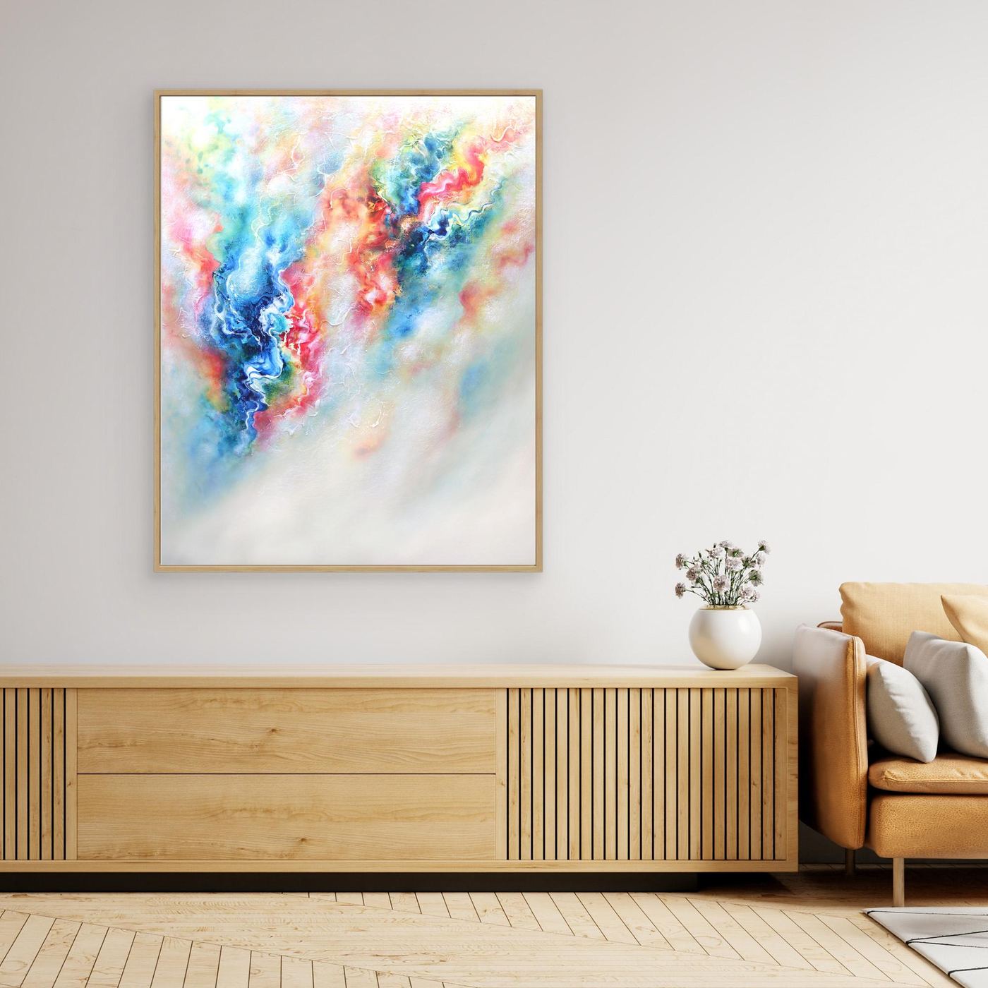 Colourful and uplifting abstract canvas print in a contemporary living space 
