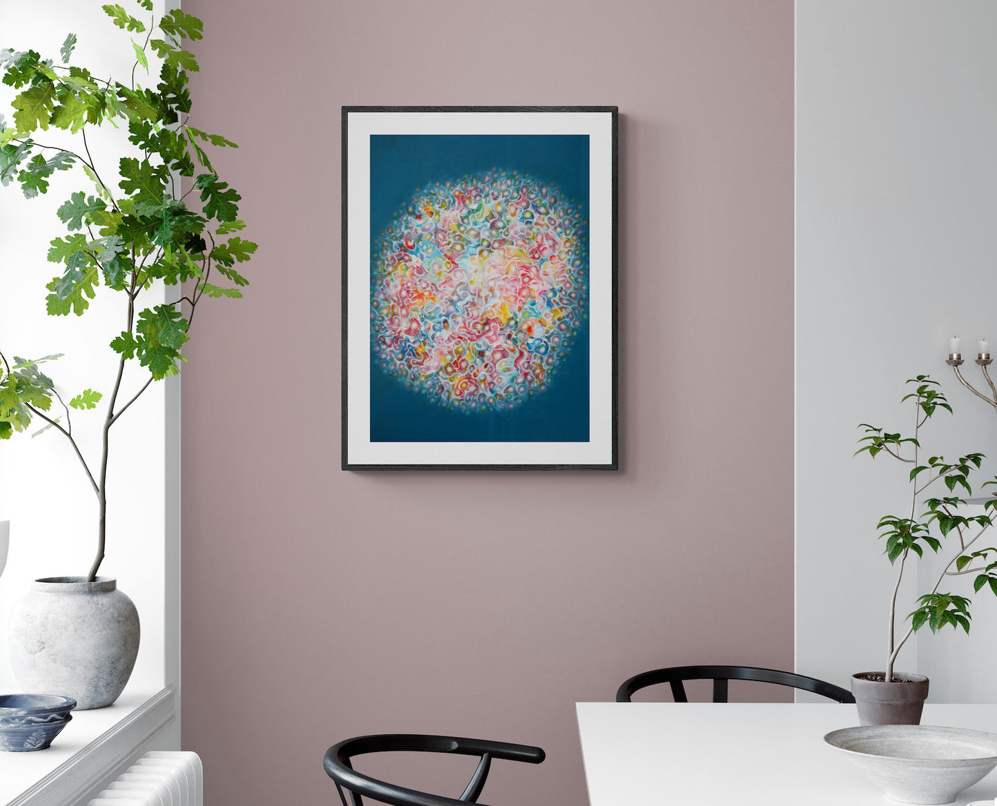 Vibrant abstract print on kitchen wall