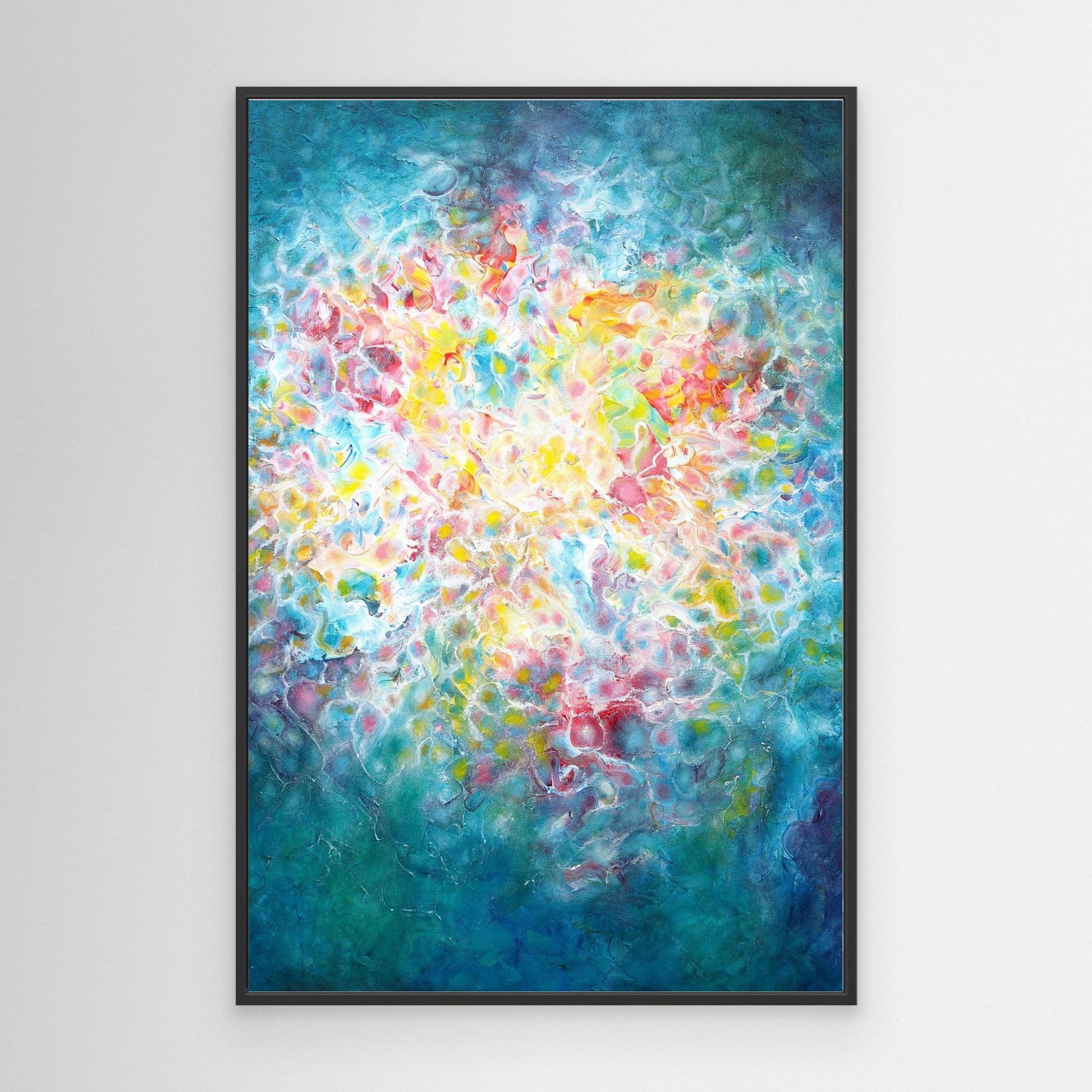 Colourful abstract wall art with vibrant colours and a warm glowing centre 