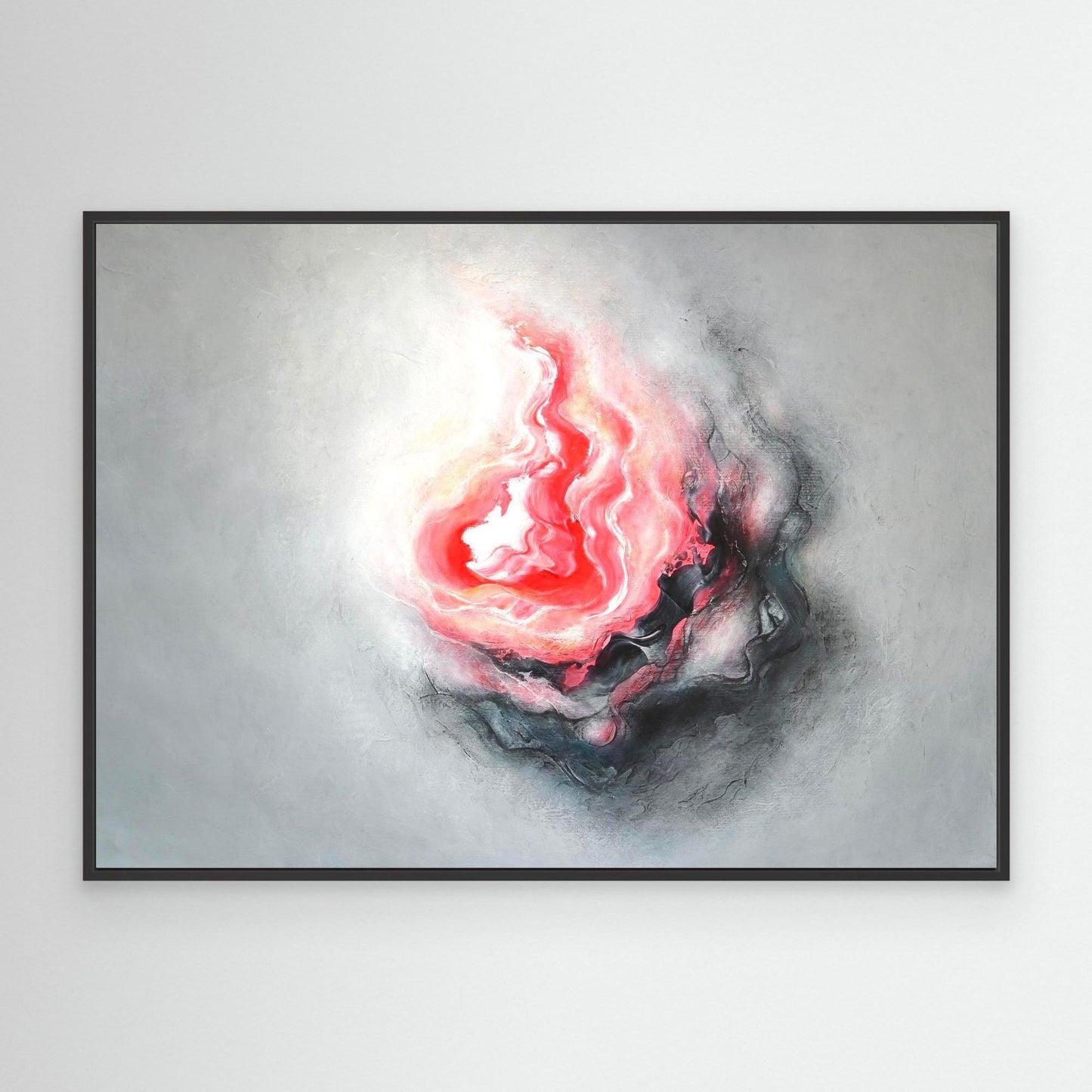 Striking pink and gray abstract canvas print in black float frame 