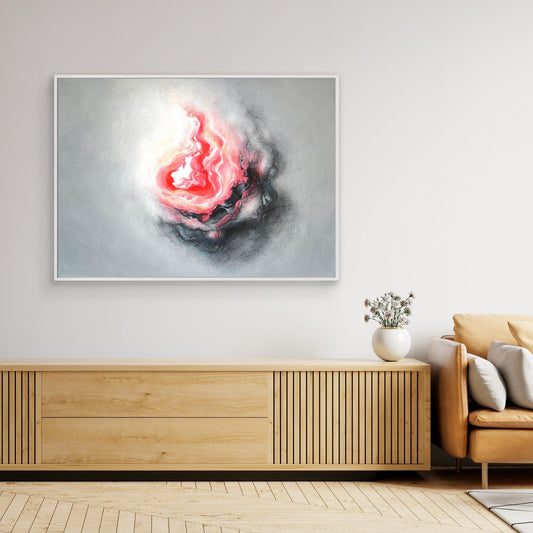 Large pink and grey abstract art on canvas in a contemporary living room 
