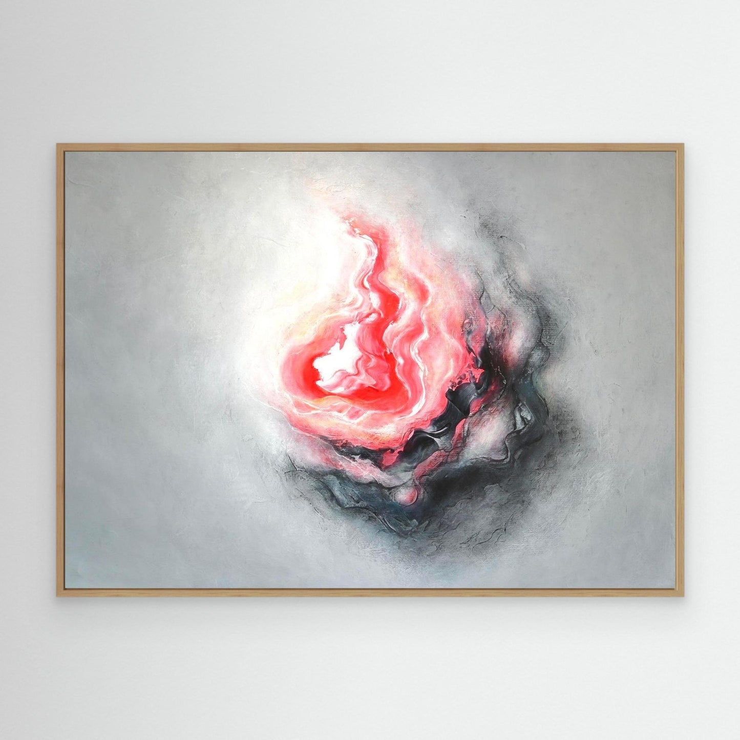 Striking grey and pink canvas print in oak float frame 