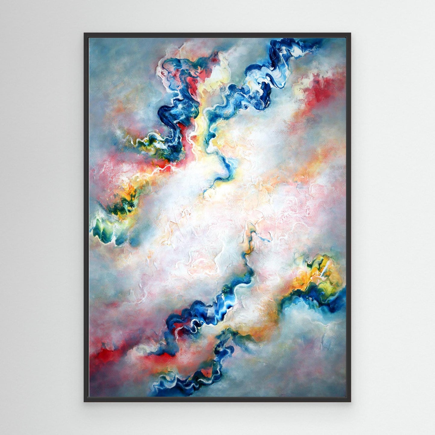 Atmospheric grey abstract art on canvas framed in a black wooden float frame  
