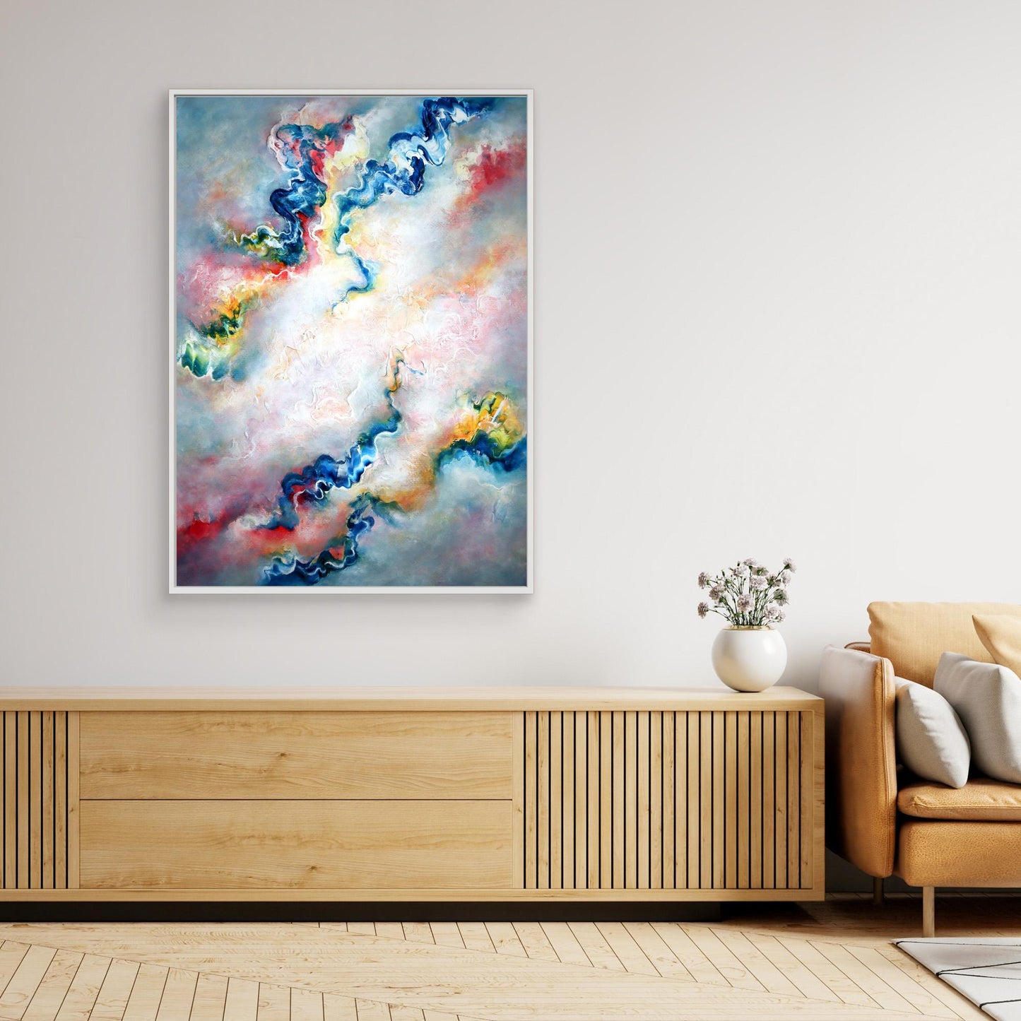 Ethereal grey abstract art print on canvas in a modern living room 