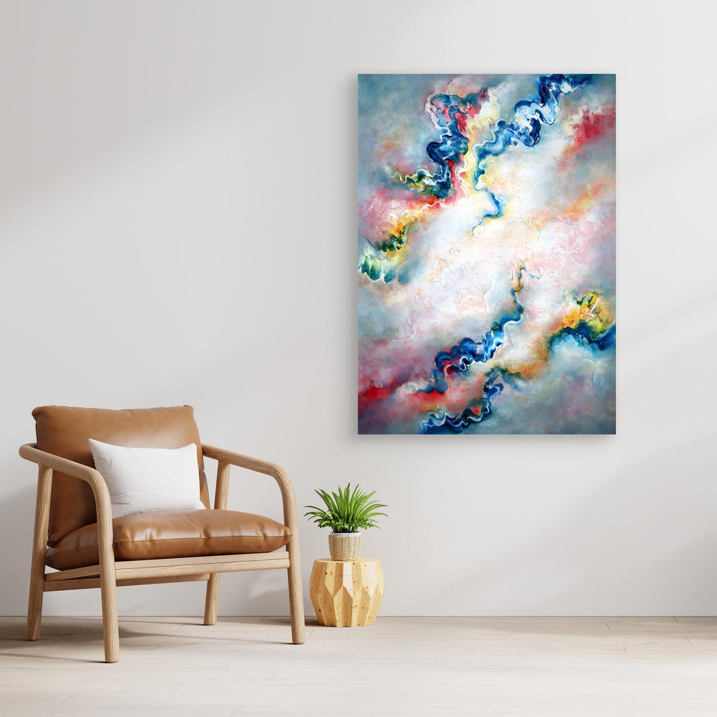 Large grey abstract canvas print in a minimal neutral setting