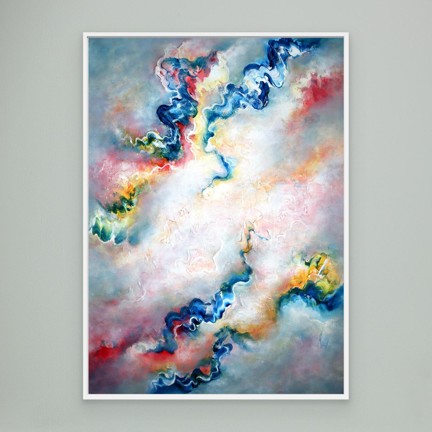 Unique grey abstract art print on canvas in a white wood float frame 
