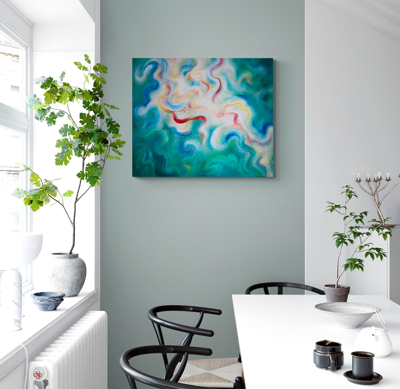 Large green abstract painting on canvas