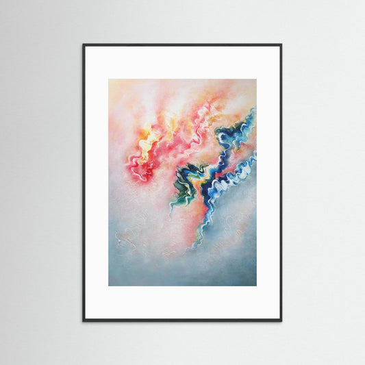 Uplifting pink abstract print in a black frame 