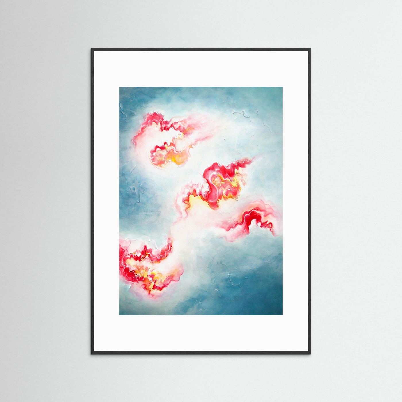 Flowing ethereal pink and blue abstract art print framed in black 