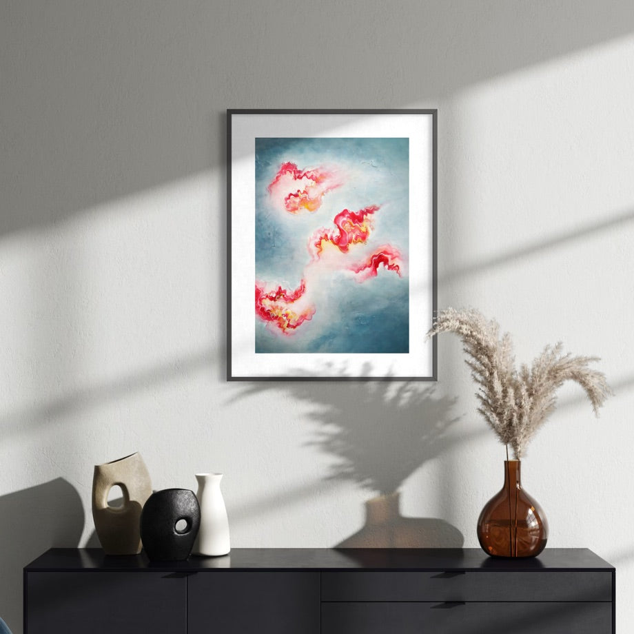 Abstract painting with flowing pink patterns 