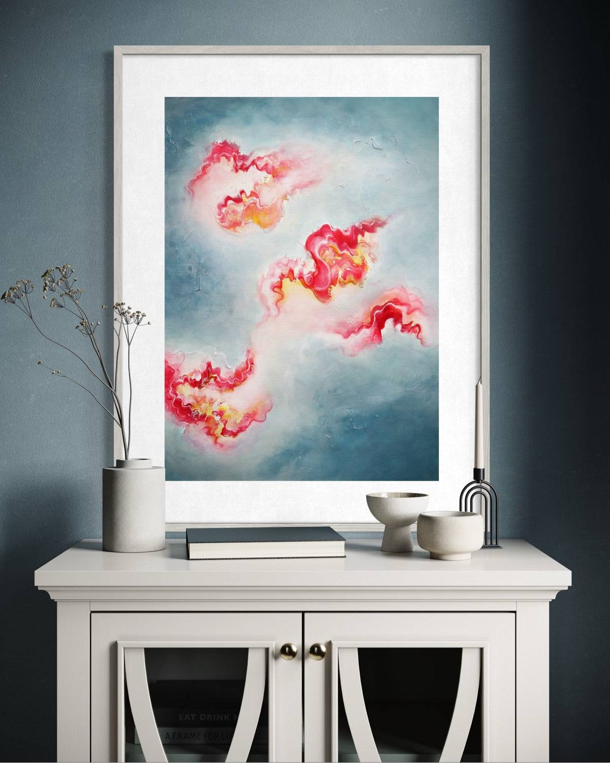 Pink flowing patterns ethereal abstract art in a contemporary setting 