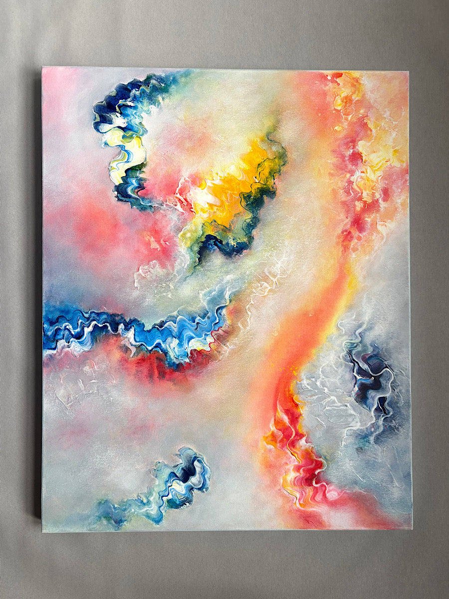 A colourful abstract painting on canvas with flowing patterns and energy