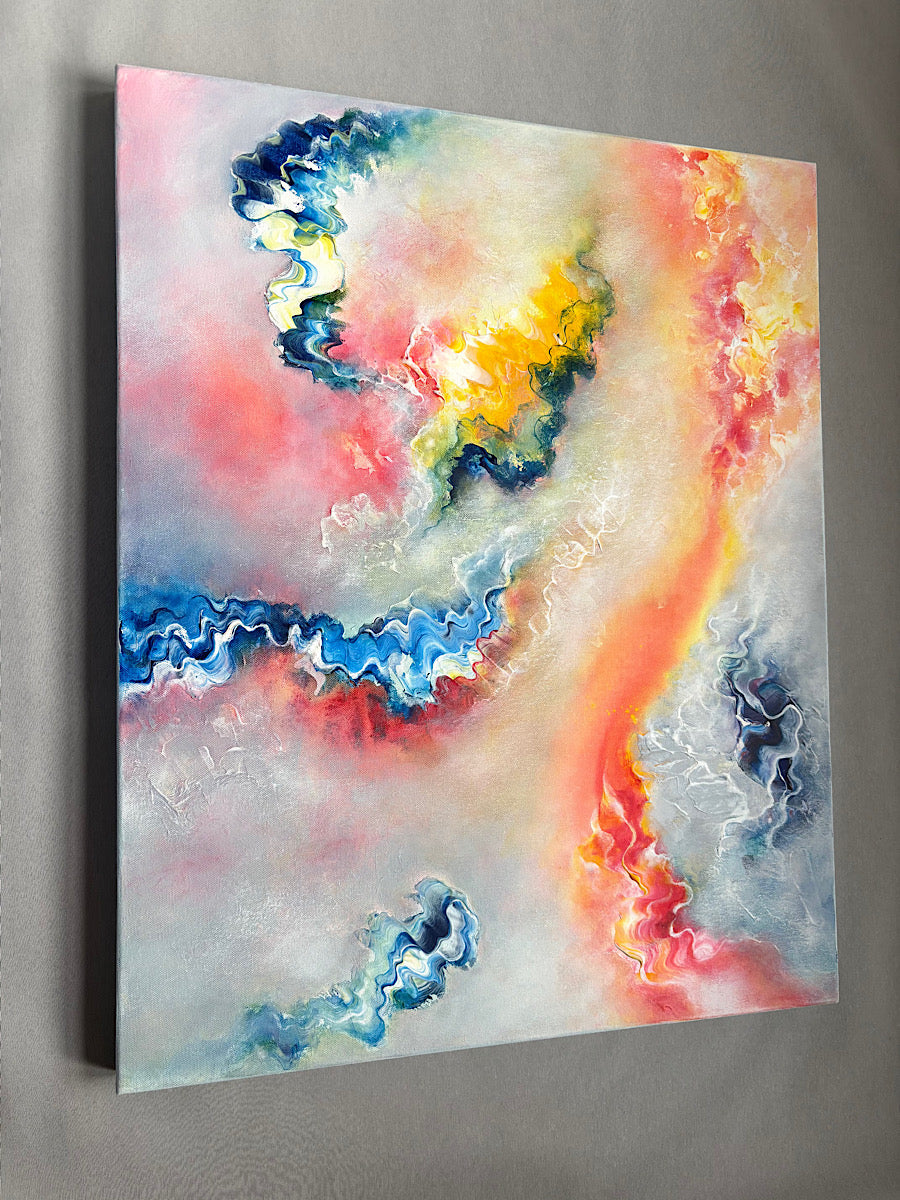 A vibrant and colourful abstract painting on canvas 