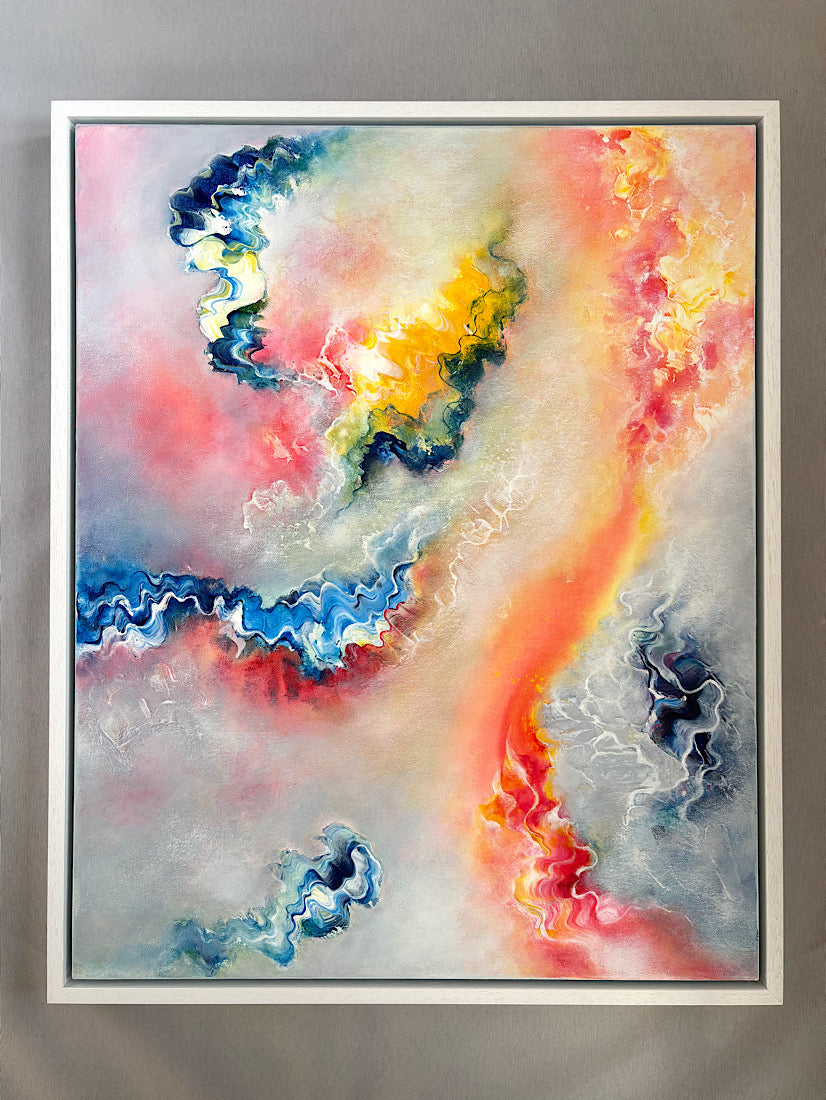 Colourful and uplifting abstract painting on canvas framed in a white float frame 