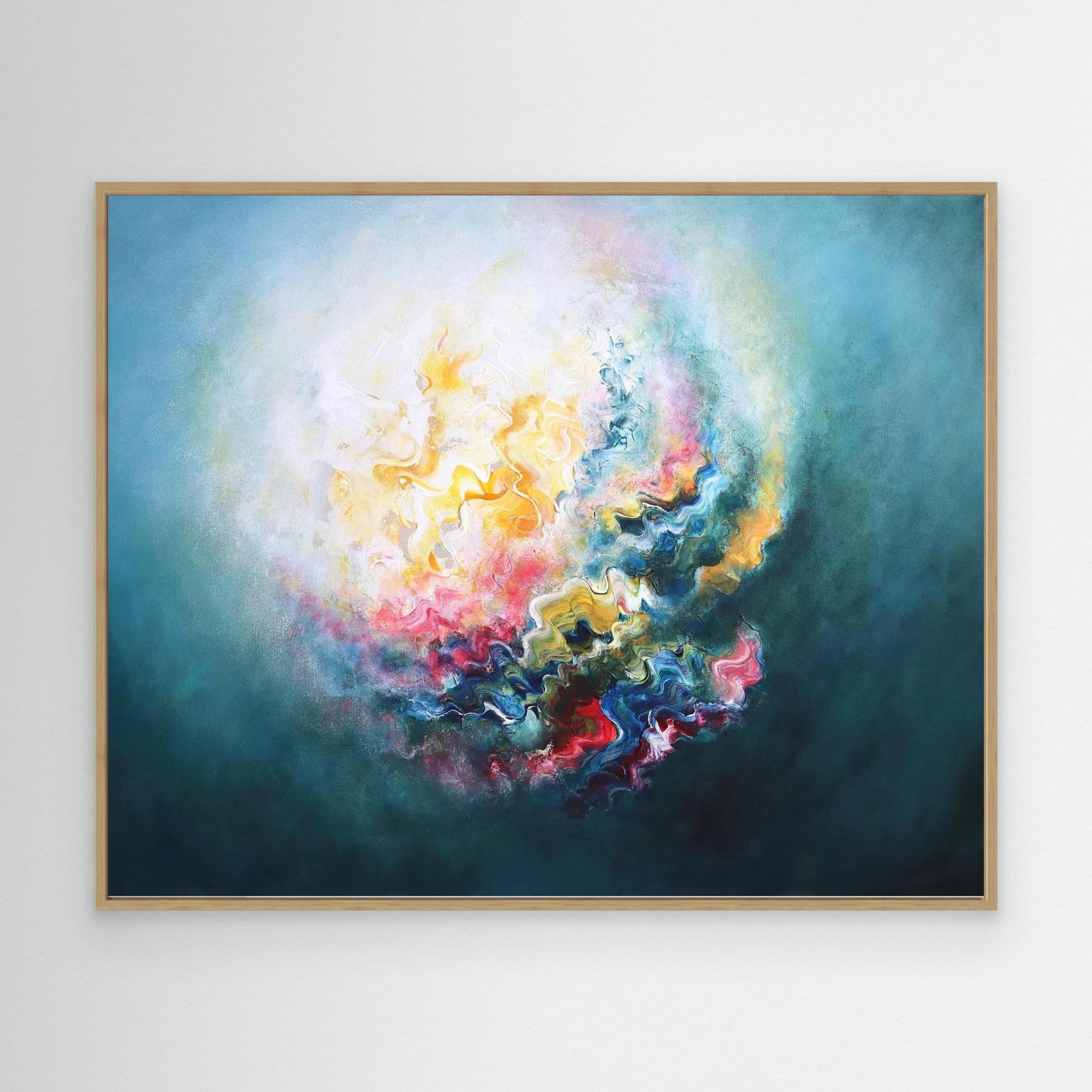 Striking canvas art print with a warm glow framed in an oak float frame 
